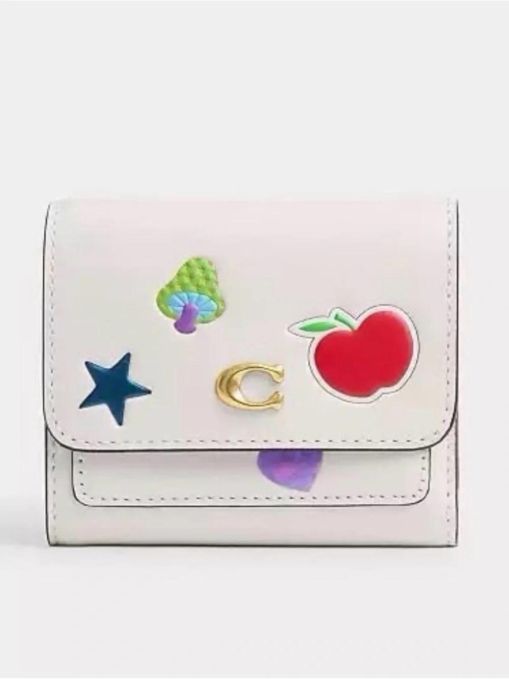 Coach Mila Small Flap Wallet in Sticker Print Brass/Chalk Multi Calf Leather NWT
